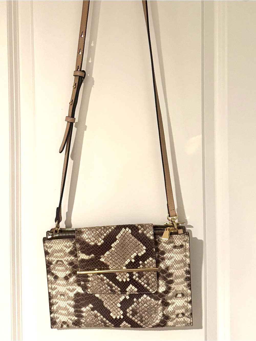 Vince Camuto Brown and Cream Snake-Print Crossbody